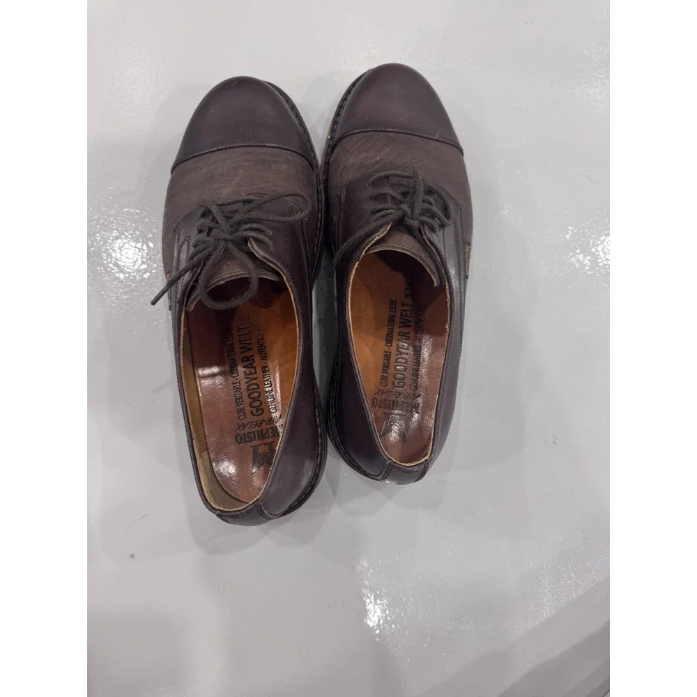 MEPHISTO Men's Brown Leather Cap Toe Lace-Up Derby Dress Shoes Round Toe